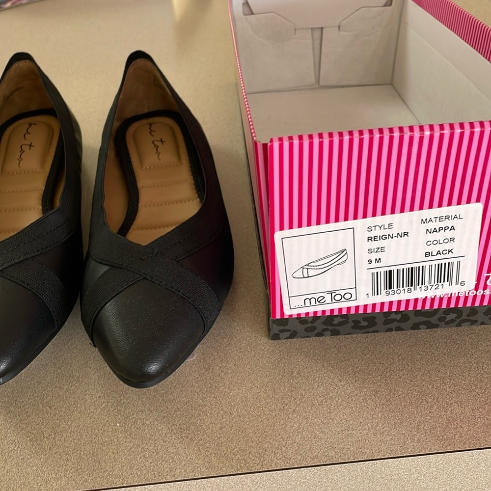 Me Too new with box black leather flats.
